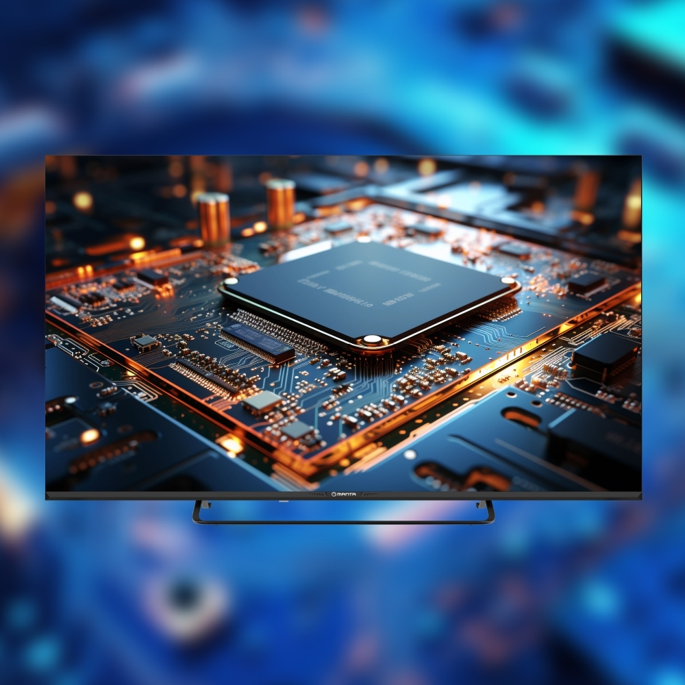 Zbliżenie płyty głównej komputera z dużą czarną jednostką CPU i świecącymi pomarańczowymi obwodami.