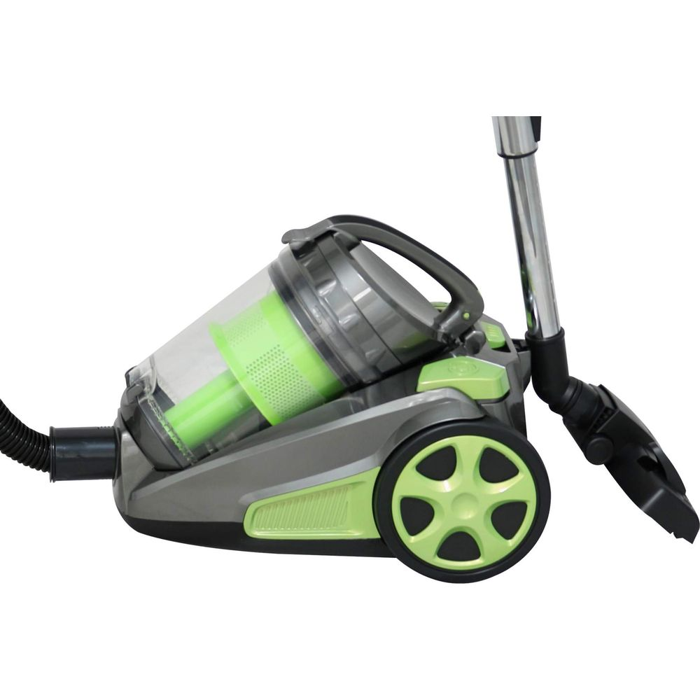 Un aspirateur gris et vert avec un réservoir et un tuyau transparents.