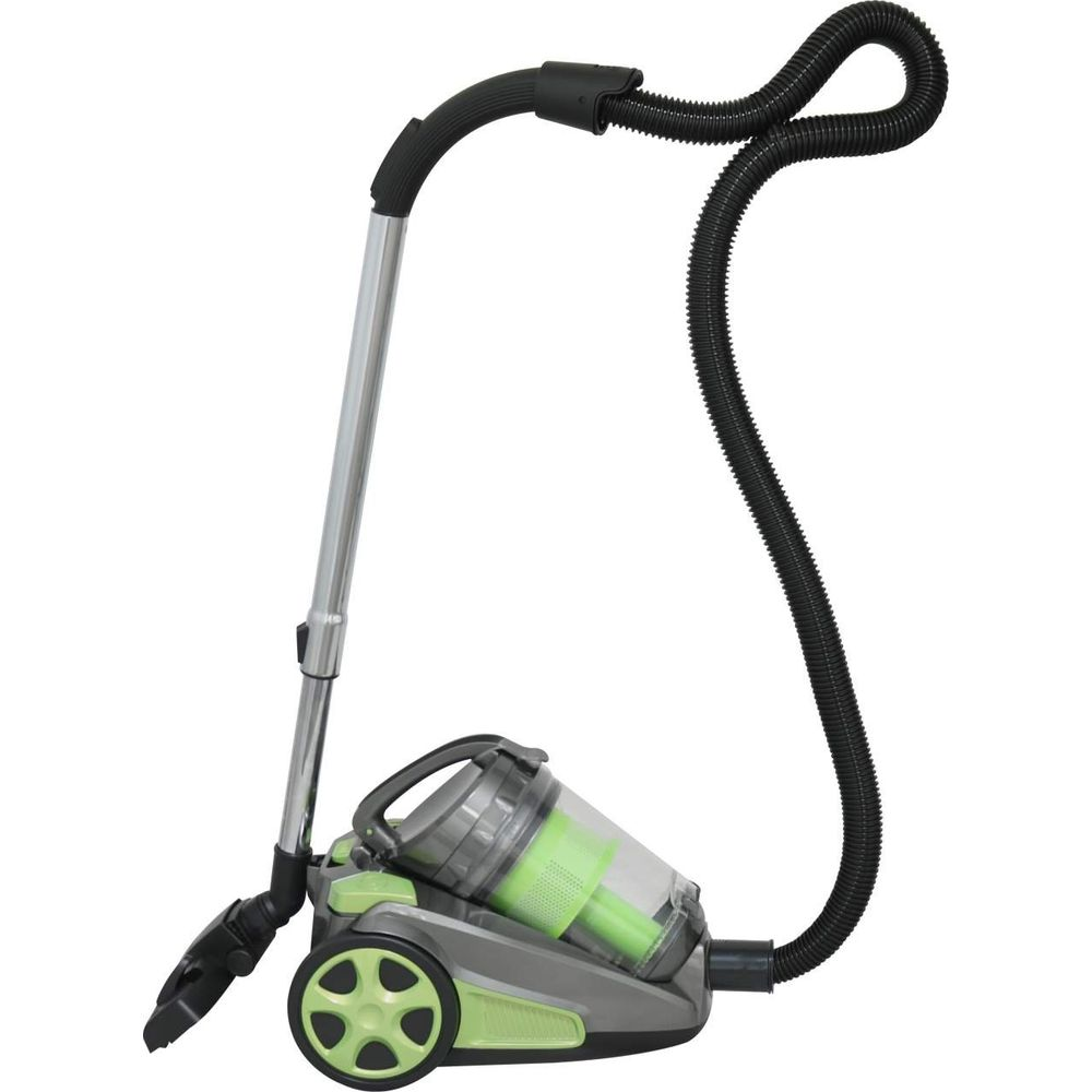 Aspirateur gris et vert avec réservoir et tuyau transparents.