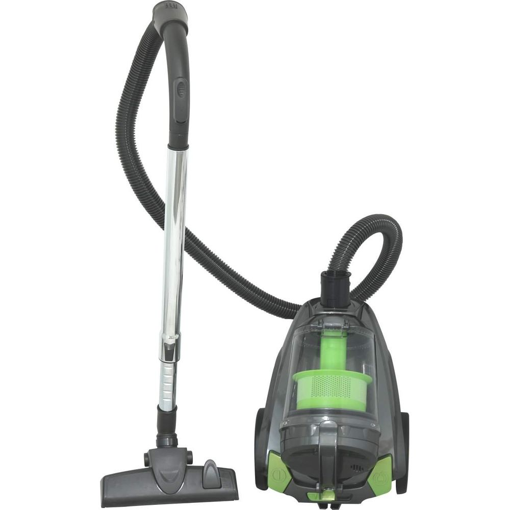 Un aspirateur gris avec un réservoir vert et des accessoires sur fond blanc.