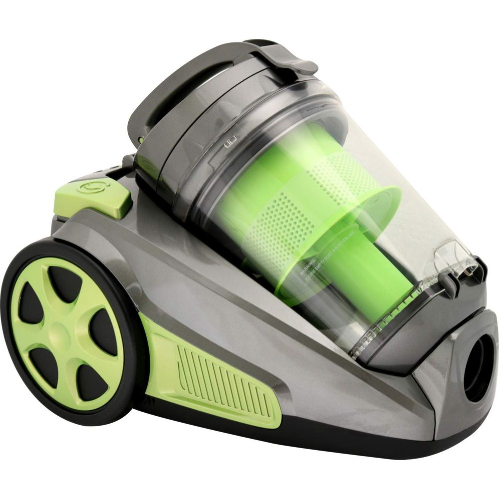 Aspirateur gris et vert avec bac transparent et filtre vert.