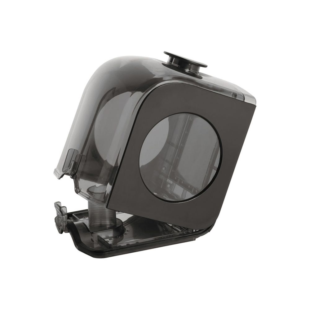 Contenant en plastique noir avec une fenêtre ronde.