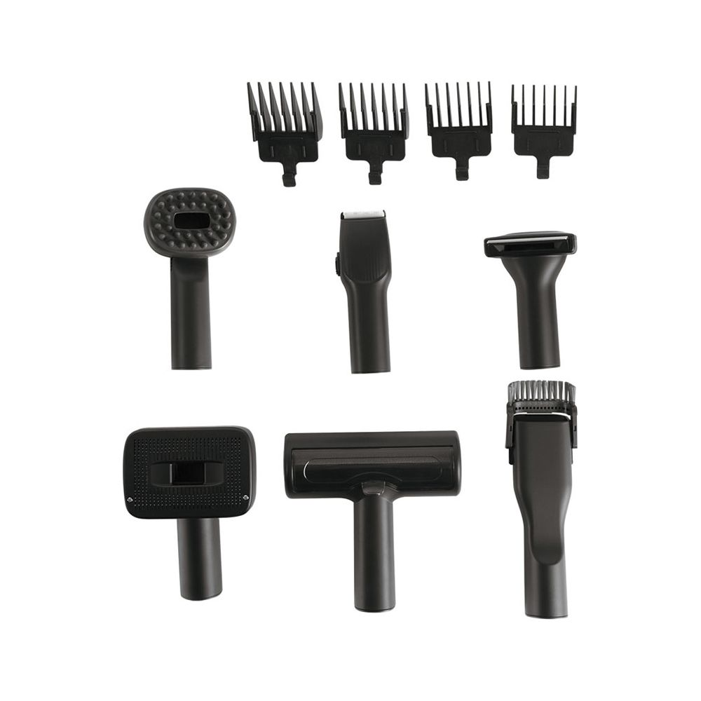Un ensemble d'accessoires et de tondeuses noirs pour cheveux sur fond blanc.