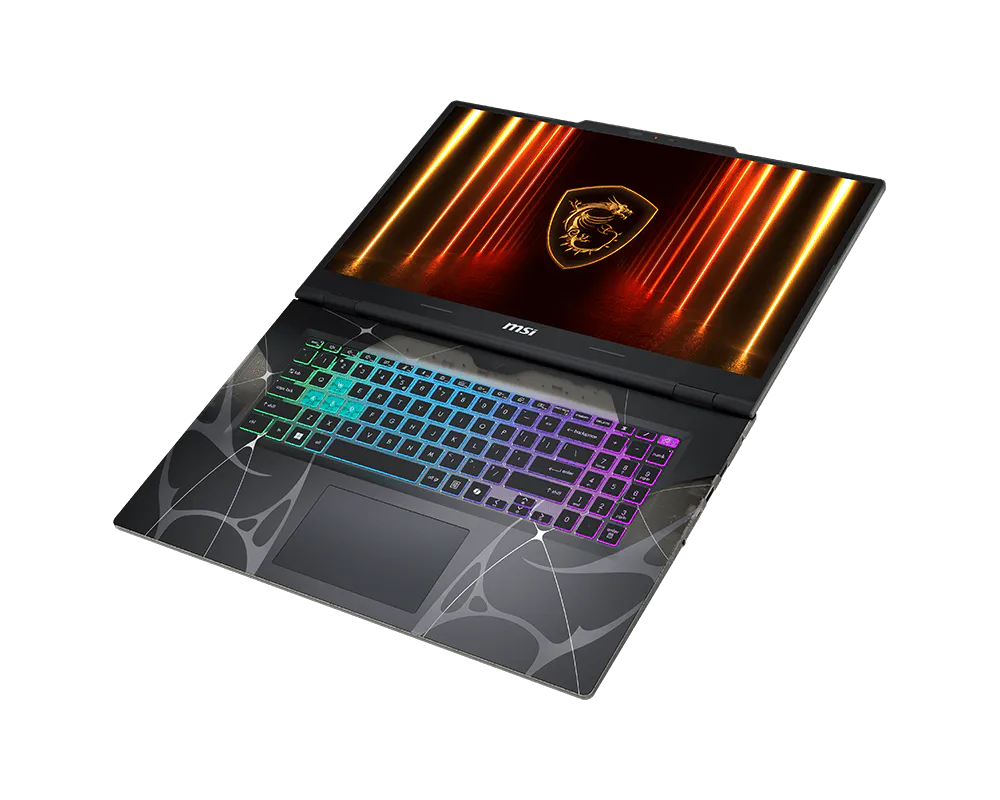 Un laptop MSI aperto con tastiera retroilluminata e logo di drago sullo schermo.