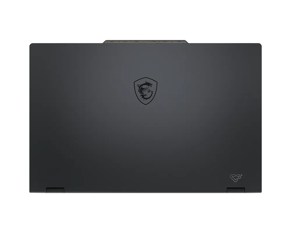 Laptop nero chiuso con logo drago MSI e piccolo logo in basso a destra.