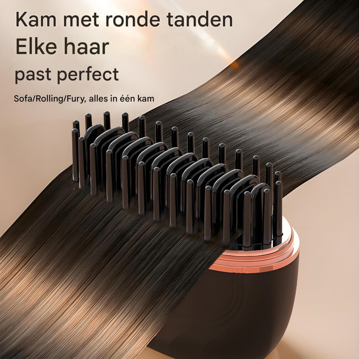 Ein schwarzer Kamm mit runden Zinken glättet dunkles Haar.