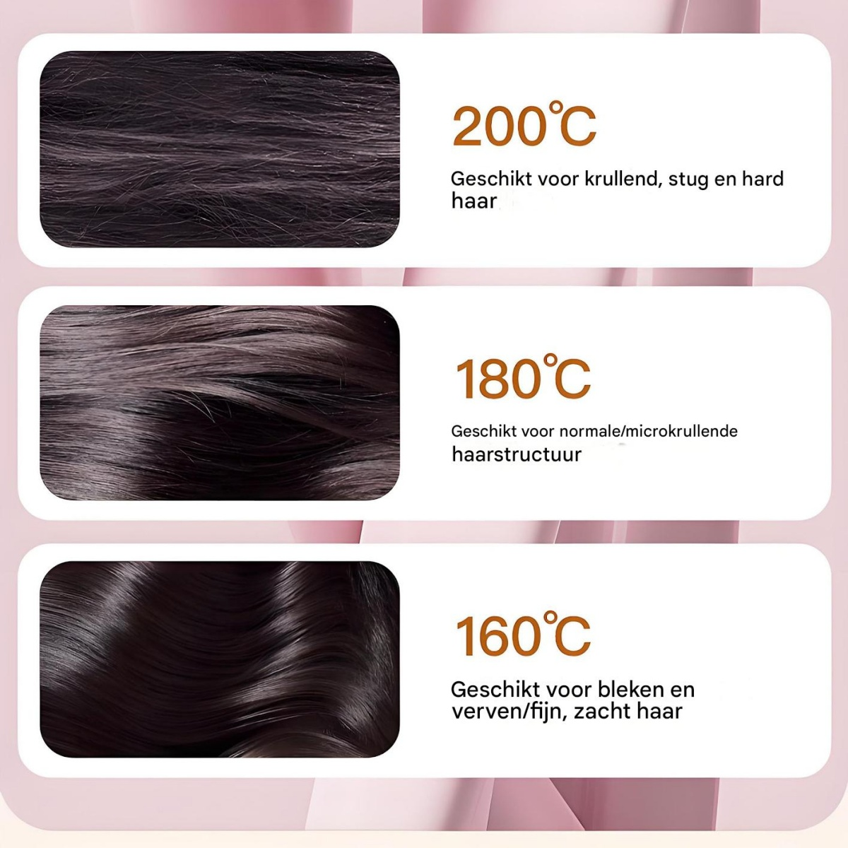 Drei Haartexturen: 200°C für lockiges, dickes Haar; 180°C für normales Haar; 160°C für feines Haar.