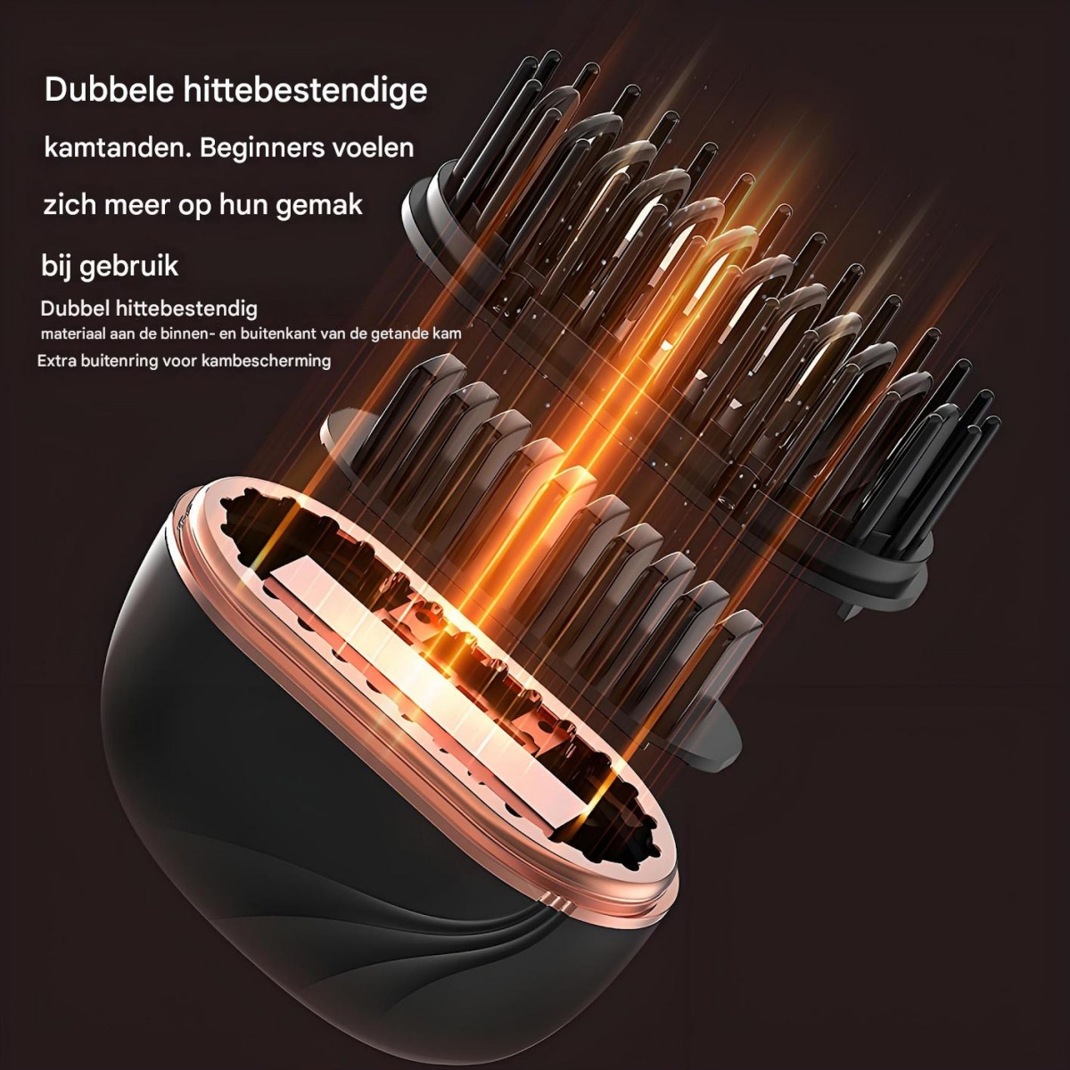 Ein schwarzer und roségoldener Haartrockneraufsatz mit hitzebeständigen Kammzähnen.