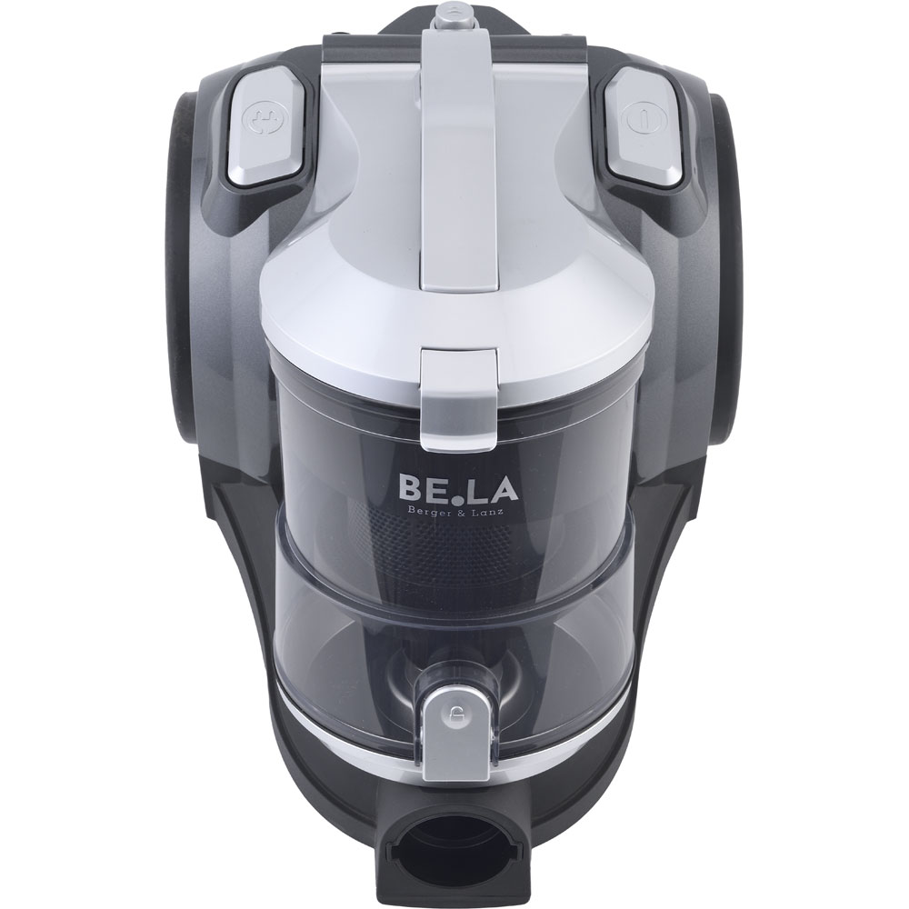 Aspirateur sans sac gris et argenté avec réservoir transparent.