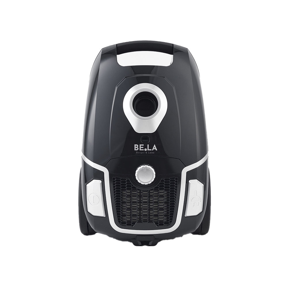 Aspirateur traîneau noir avec des accents argentés et des boutons.