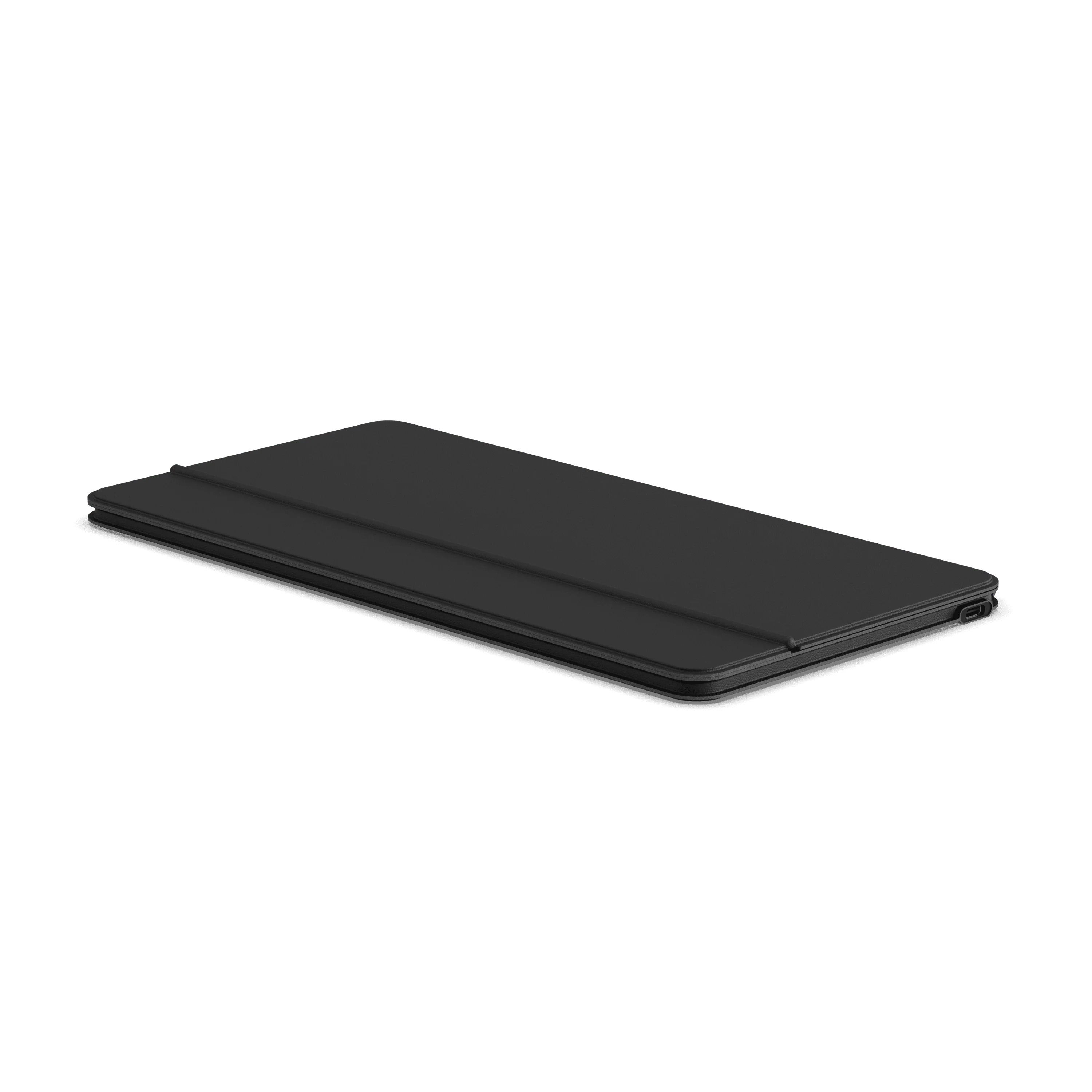 Czarny tablet z etui ochronnym leży na białym tle.