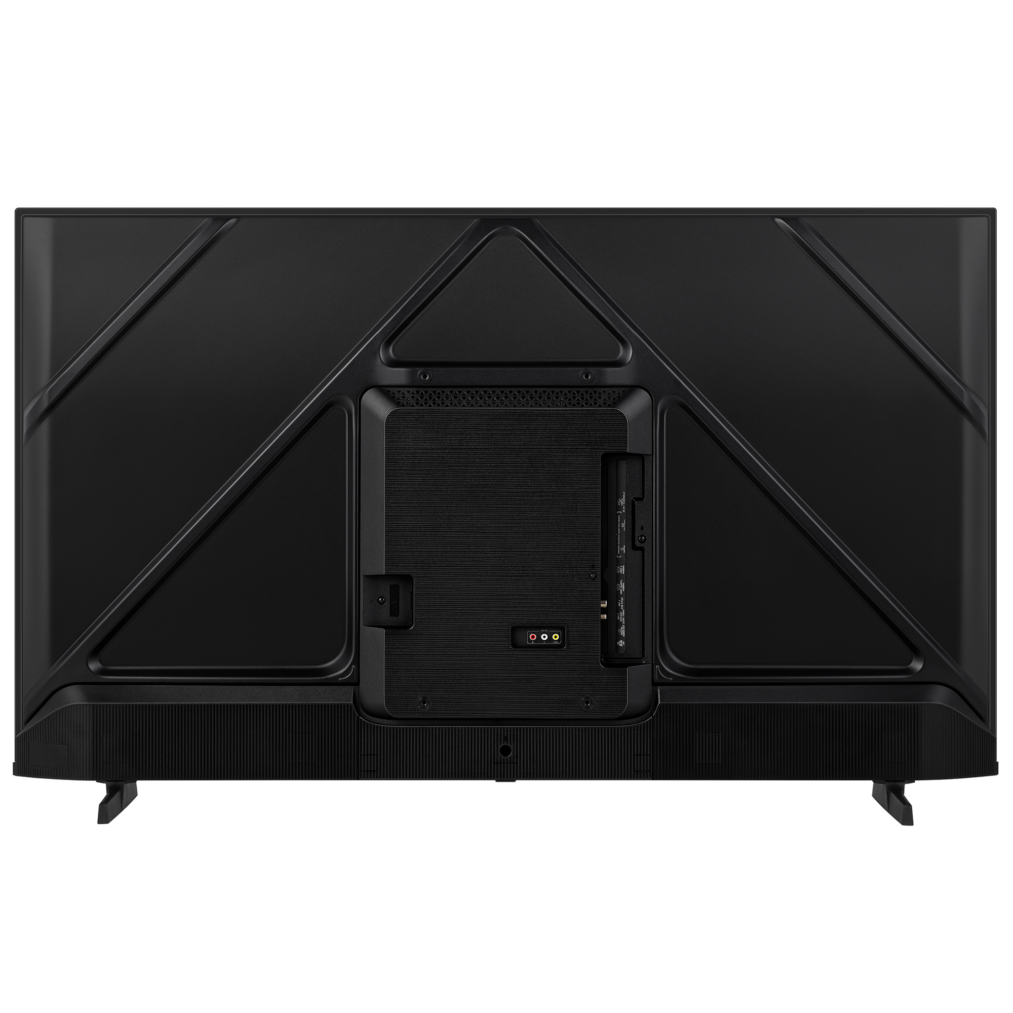 Retro di una TV nera con porte e supporti.