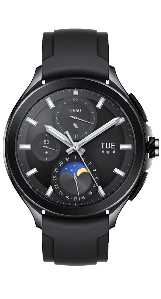 Czarny smartwatch ze srebrnymi wskazówkami i tarczą faz księżyca.