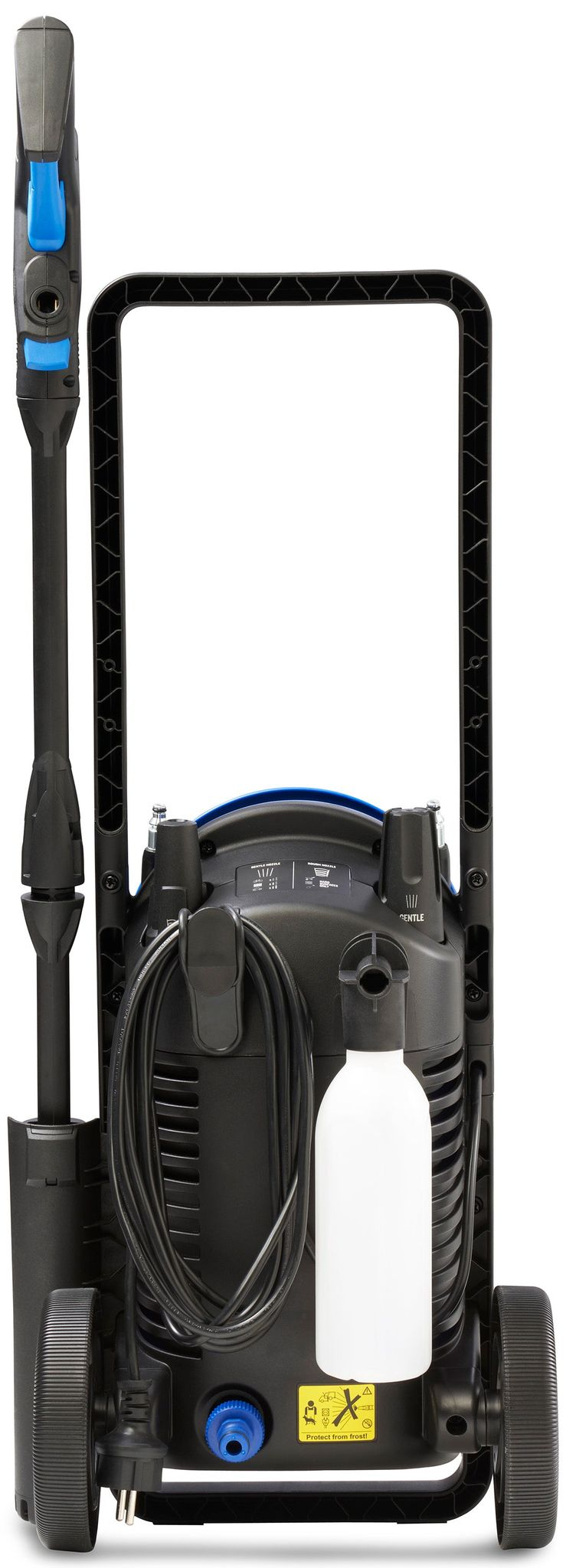 Idropulitrice nera con ruote, tubo e pistola a spruzzo. Flacone bianco.