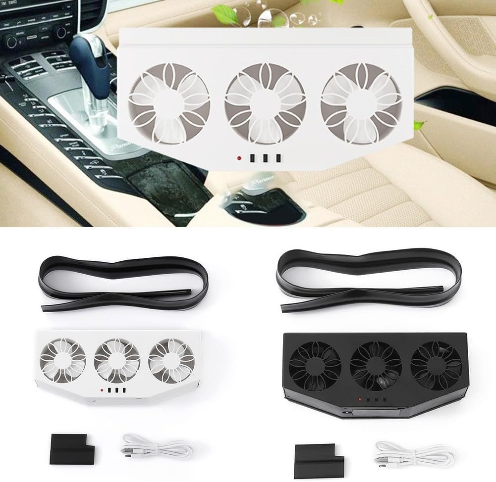 Auto-Ventilator-Einheit mit drei Lüftern, schwarzem und weißem Gehäuse, Kabeln und Gummidichtungen.