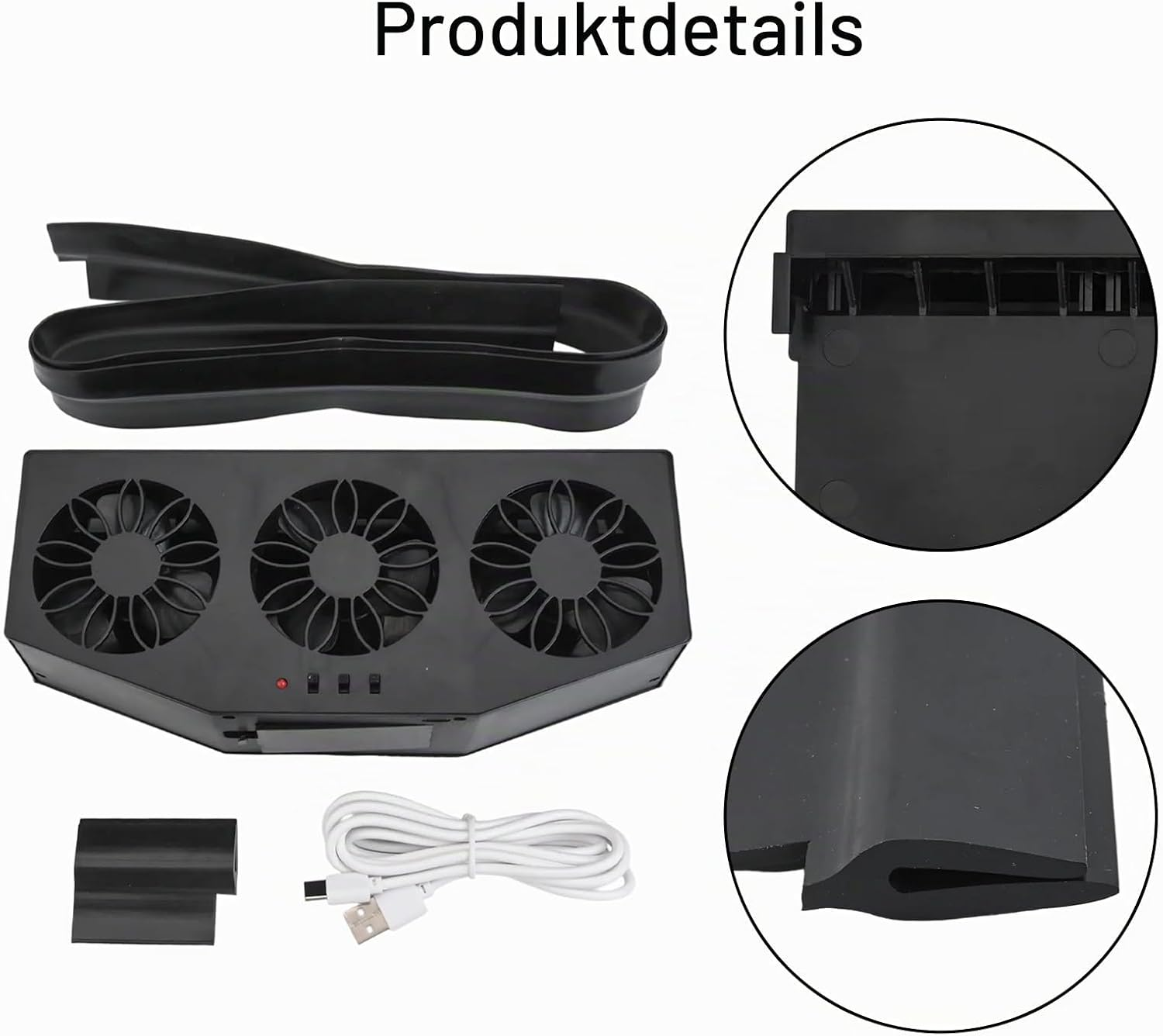 Ein schwarzer Kühler mit drei Lüftern, USB-Kabel und zwei Gummistreifen.