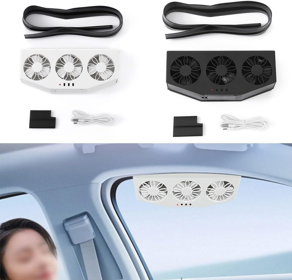 Drei Lüfter-Einheiten, weiß und schwarz, mit Zubehör und in einem Auto montiert.