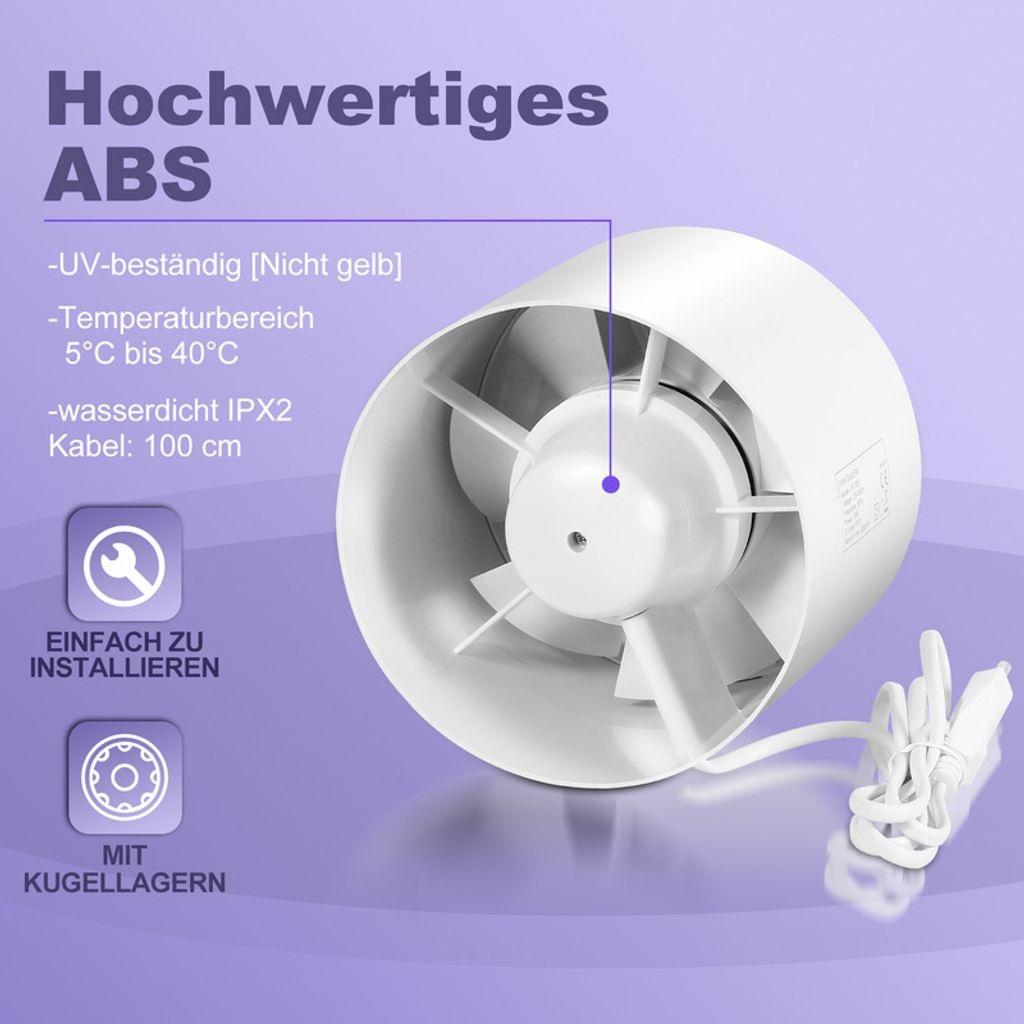 Ein weißer Ventilator aus ABS mit Kabel und Montagehinweisen.