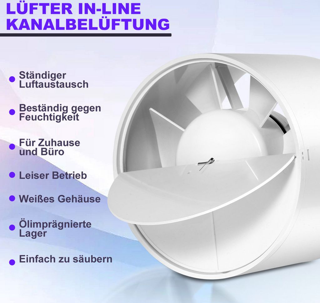 Ein weißer Inline-Kanalventilator mit Lüfterblättern und aufklappbaren Klappen.