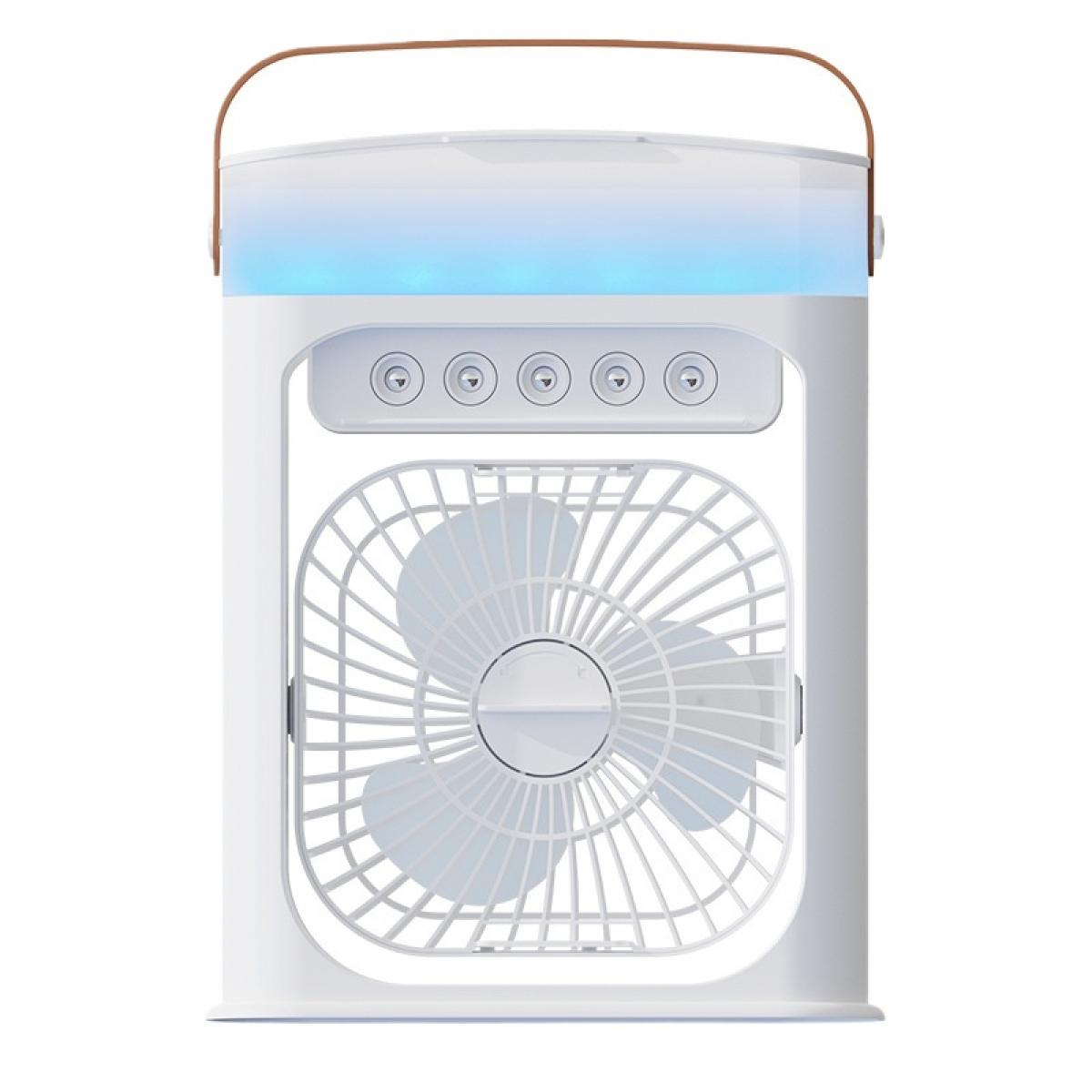 Ein weißer tragbarer Ventilator mit einem braunen Griff und blauer LED-Beleuchtung.