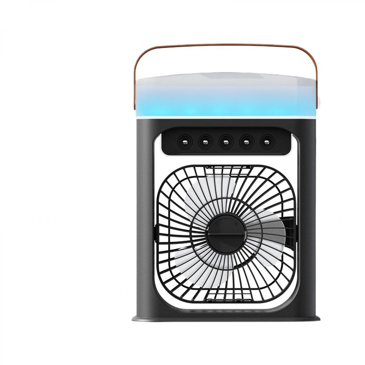 Ein schwarzer tragbarer Ventilator mit blau leuchtender Oberseite und braunem Griff.
