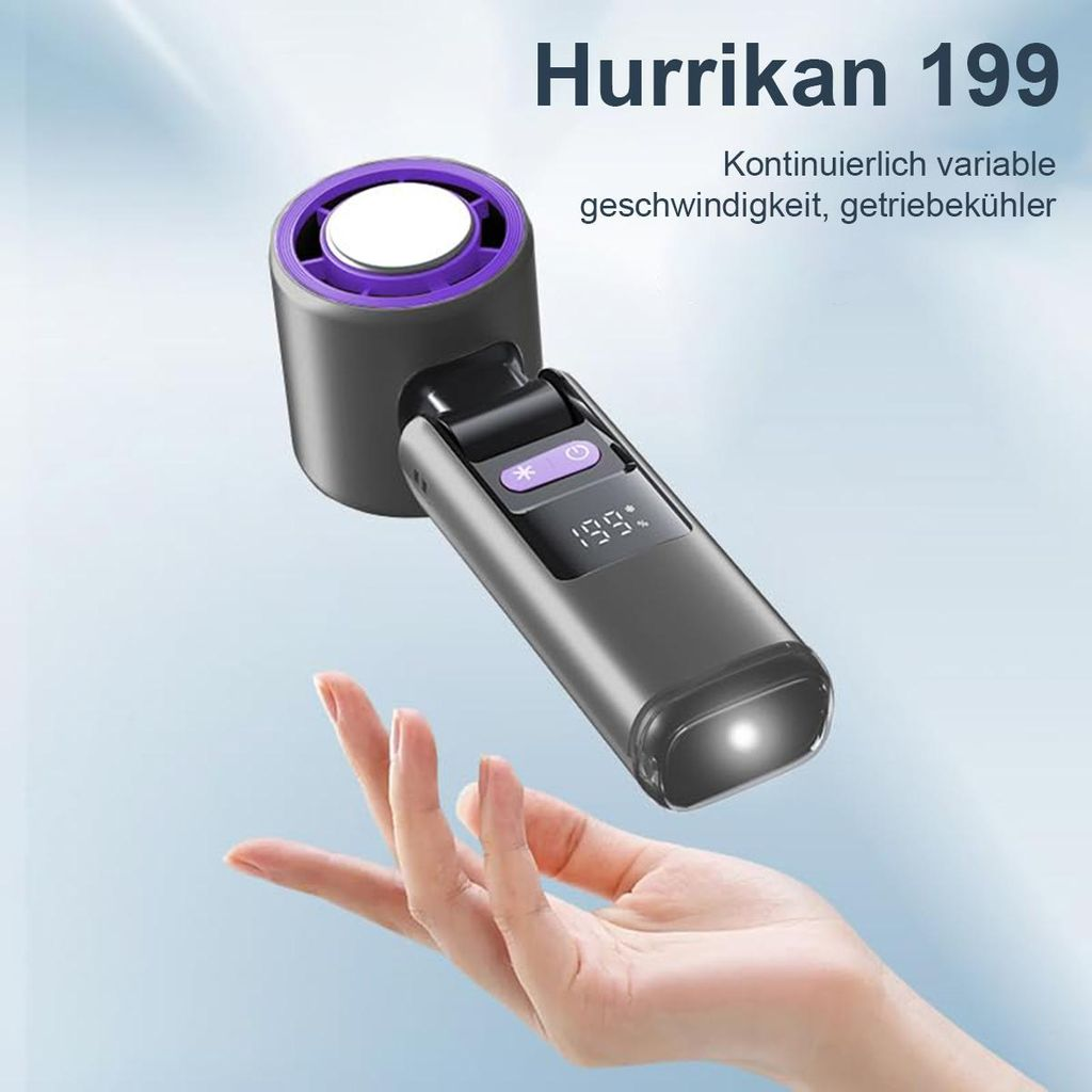 Ein Handventilator mit Lüftungsschlitzen und LED-Anzeige wird über einer Hand gehalten.