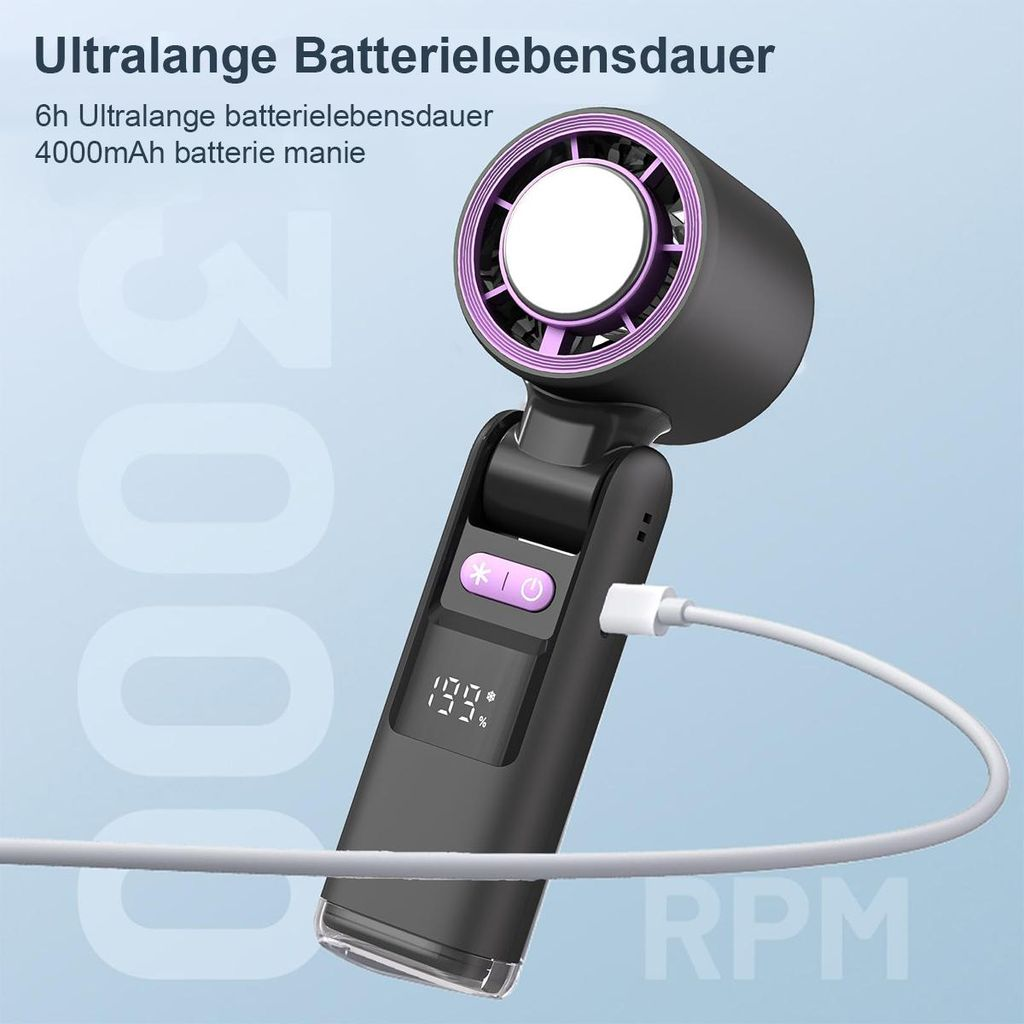 Ein schwarzer tragbarer Lüfter mit violetten Akzenten, lädt über USB.