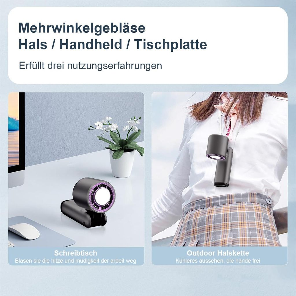 Ein vielseitiges Gebläse: als Tisch-, Hals- oder Handgerät, mit Licht.