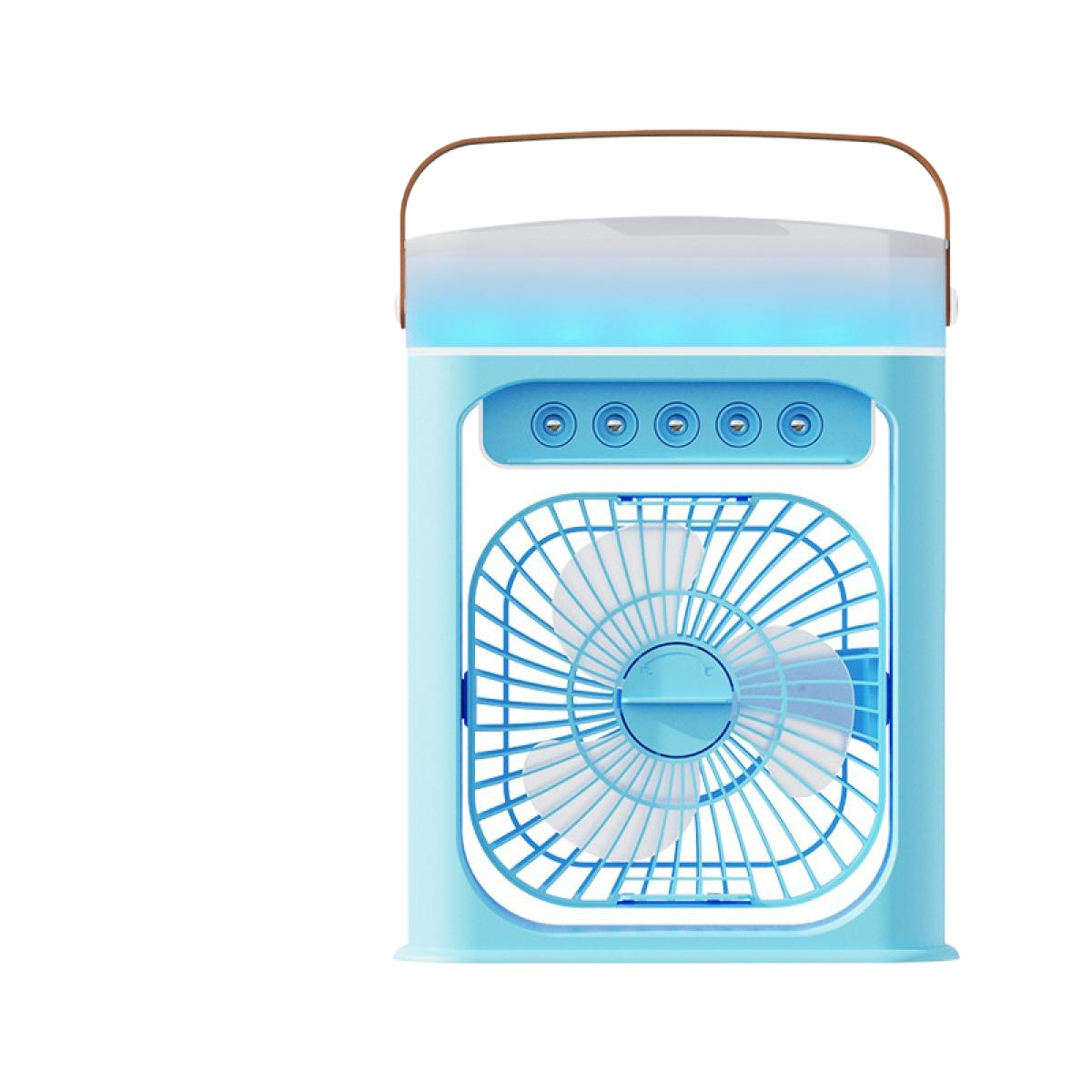 Ein kleiner blauer Ventilator mit Griff und Lichtern, der auf einem weißen Hintergrund steht.