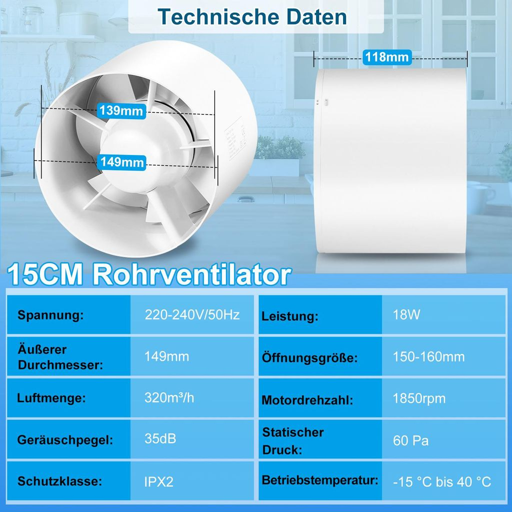 Technische Daten eines 15cm Rohrventilators mit Maßen und Spezifikationen.