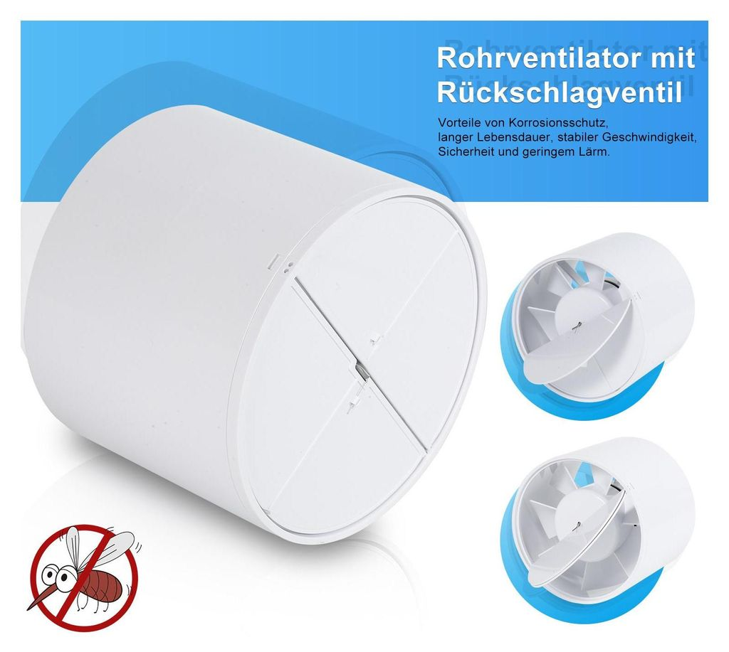 Ein weißer Rohrventilator mit Rückschlagventil und einem Mückenschutzsymbol.