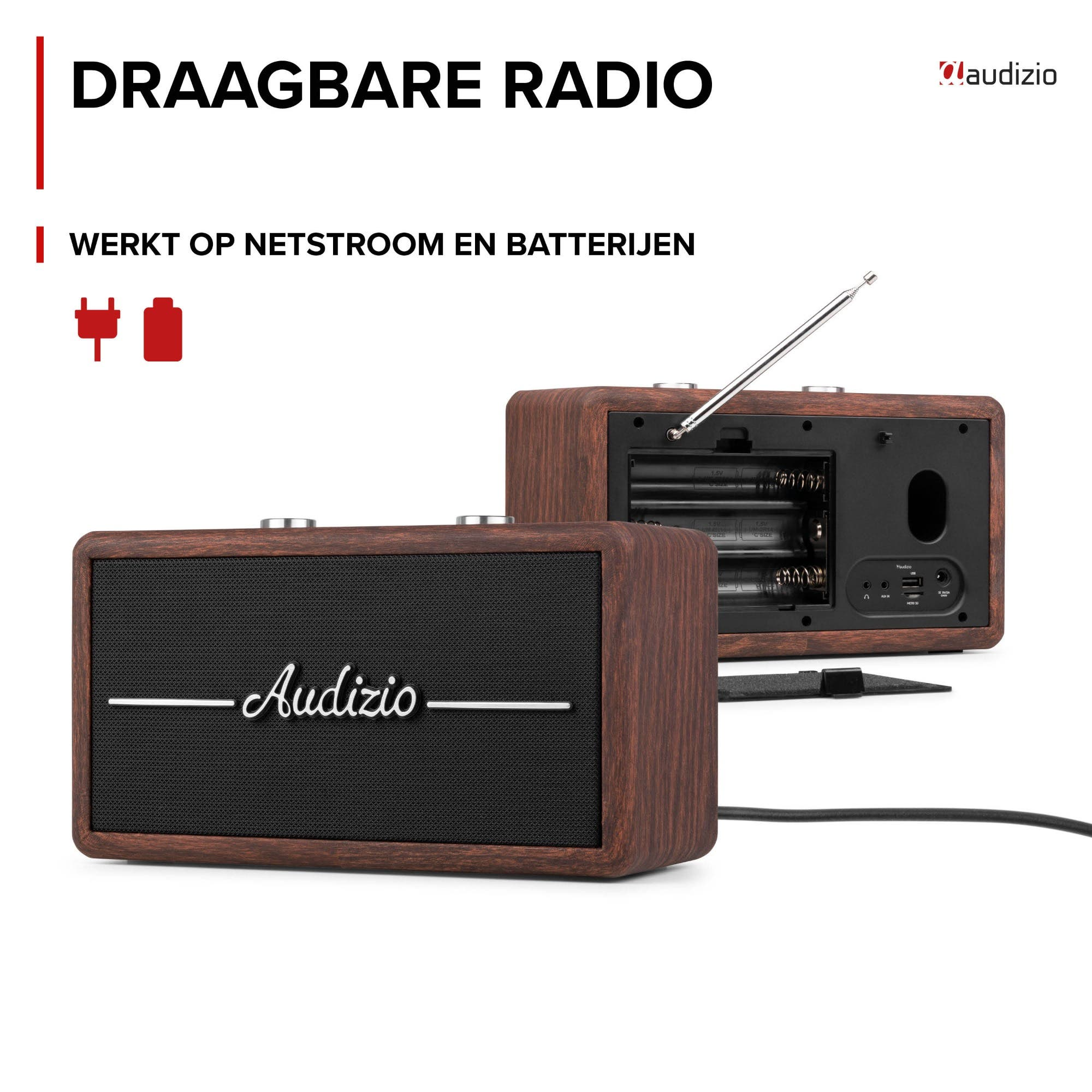 Una radio de madera con rejilla de altavoz negra y varilla de antena plateada.