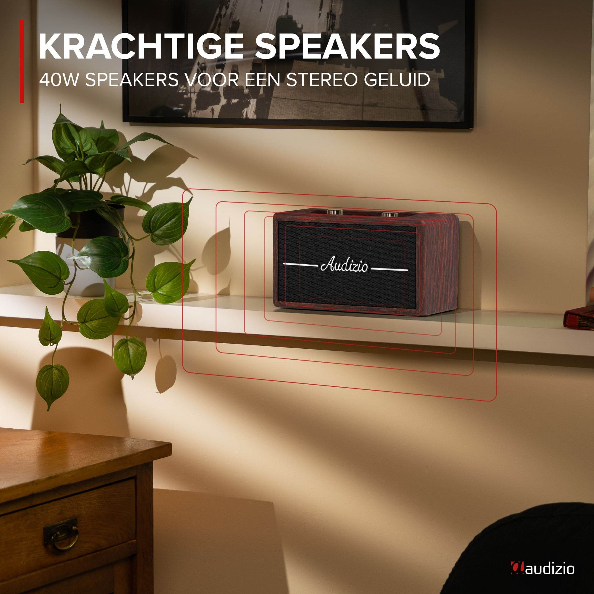Un altavoz de madera con rejilla negra y logo Audizio está en un estante.