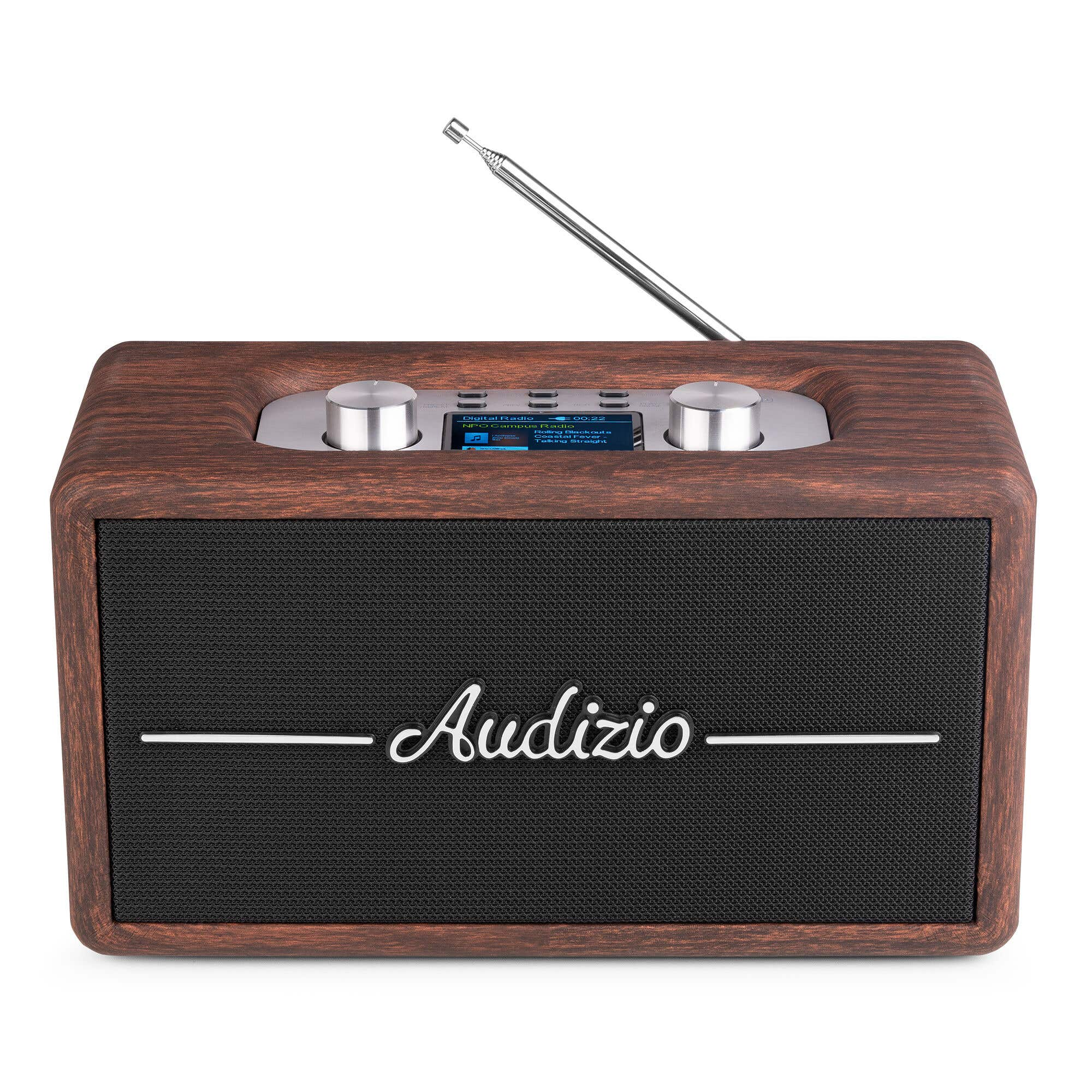 Una radio digital de madera con rejilla de altavoz negra y antena extensible.