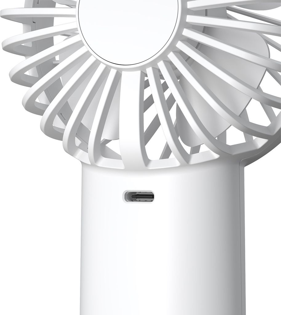 Ein weißer tragbarer Ventilator mit einem USB-C-Anschluss.