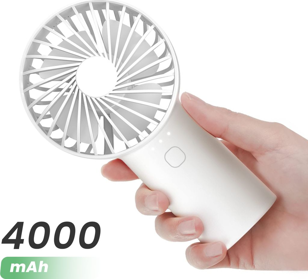 Eine Hand hält einen kleinen weißen Ventilator mit 4000 mAh.