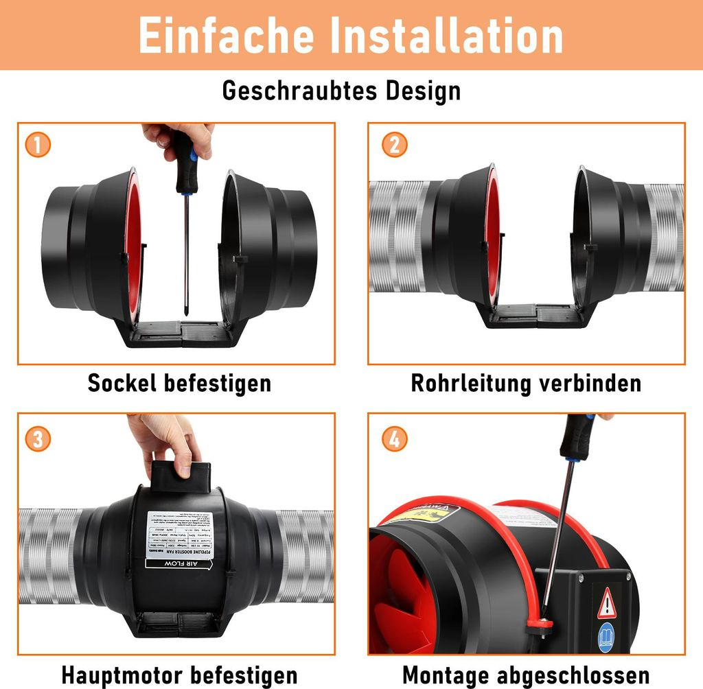 Schritt-für-Schritt-Anleitung zur Installation eines Lüfters: Sockel befestigen, Rohrleitung verbinden, Hauptmotor befestigen, Montage abgeschlossen.
