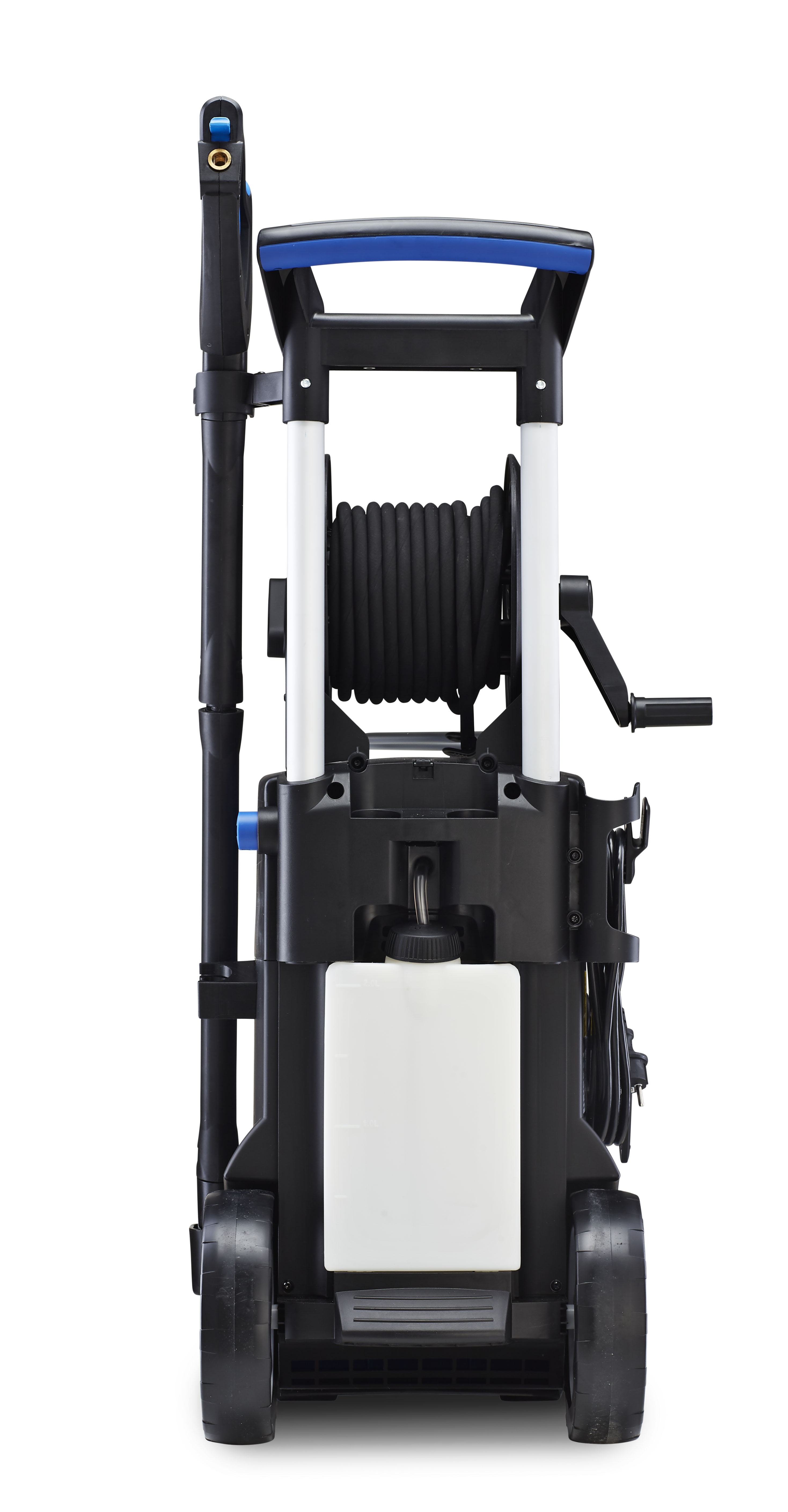 Idropulitrice nera con manico blu su sfondo bianco.
