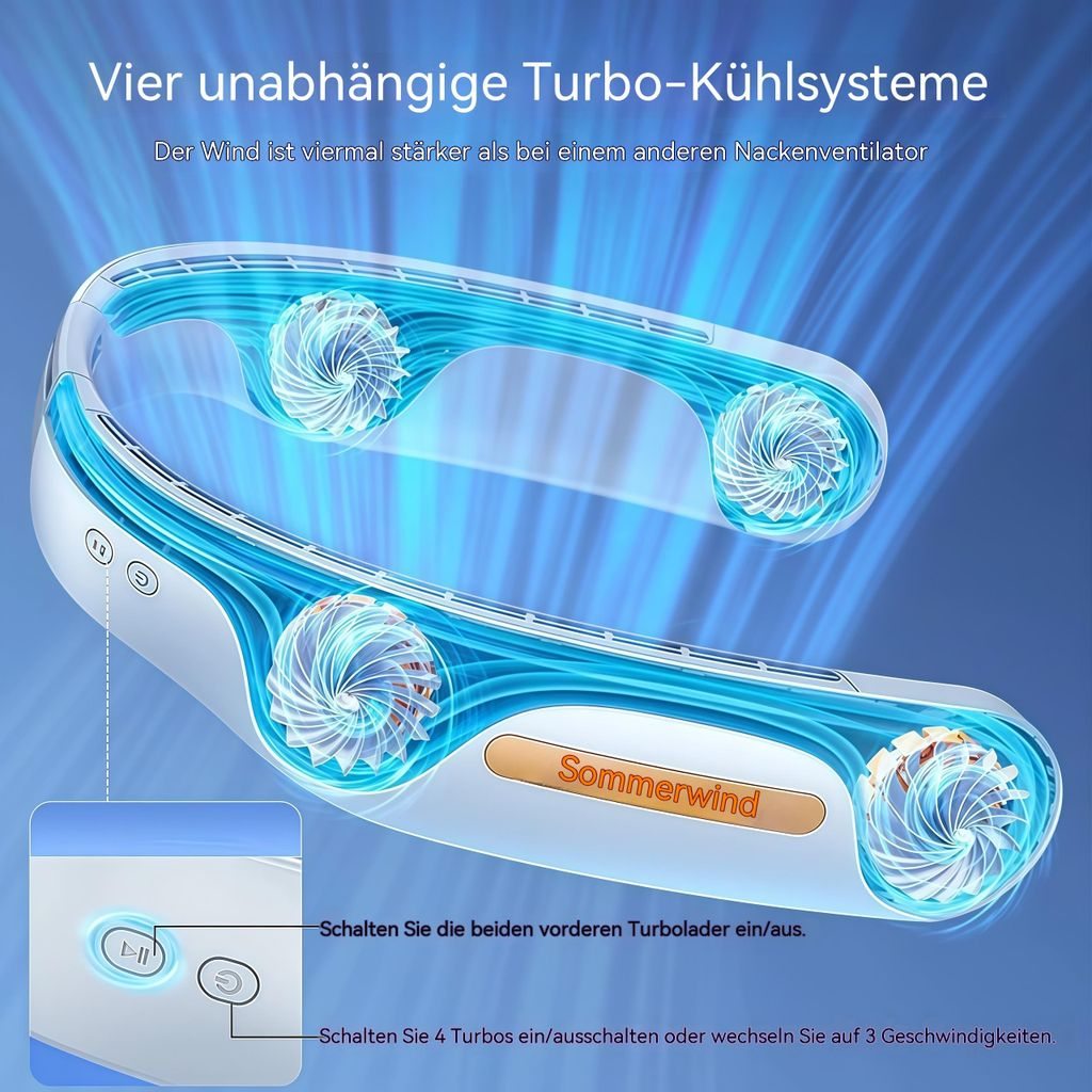 Ein weißer Nackenventilator mit vier Turbinen und blauem Luftstrom.