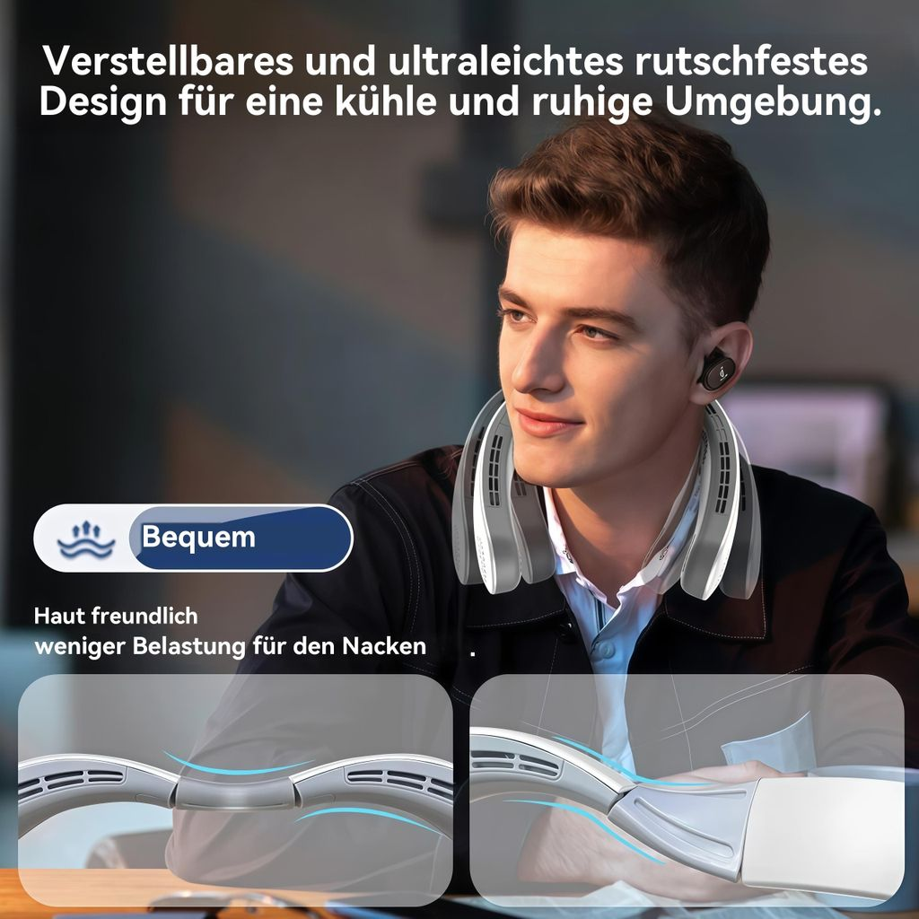Mann mit Halslüfter, verstellbar, leicht, rutschfest, kühlend.