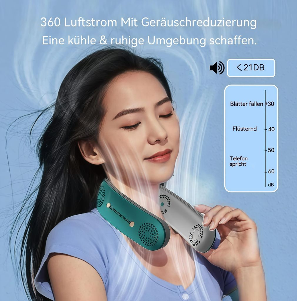 Frau mit einem Nackenfächer, der 360 Grad Luftstrom und Geräuschreduzierung bietet.