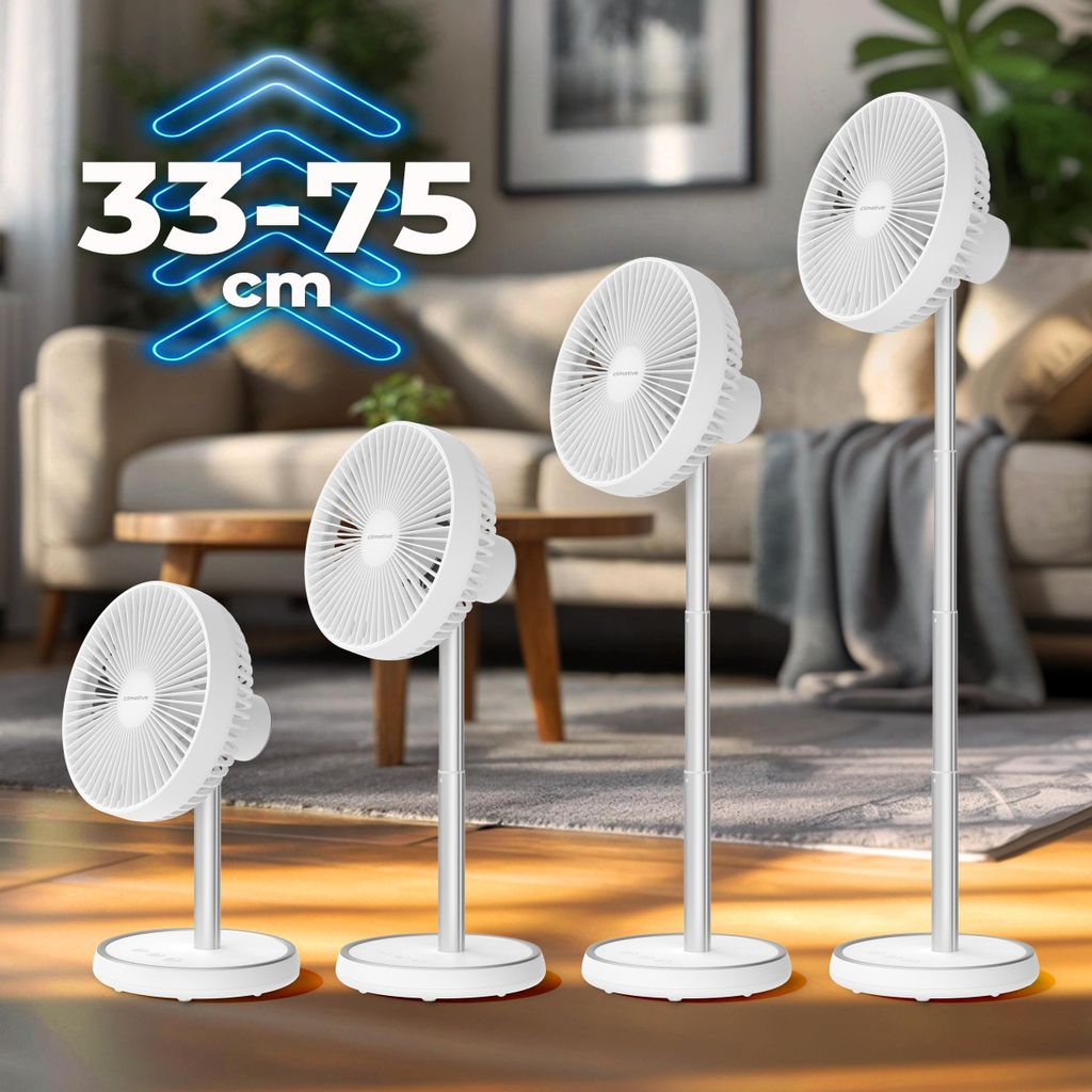 Vier weiße Standventilatoren unterschiedlicher Größe stehen nebeneinander.