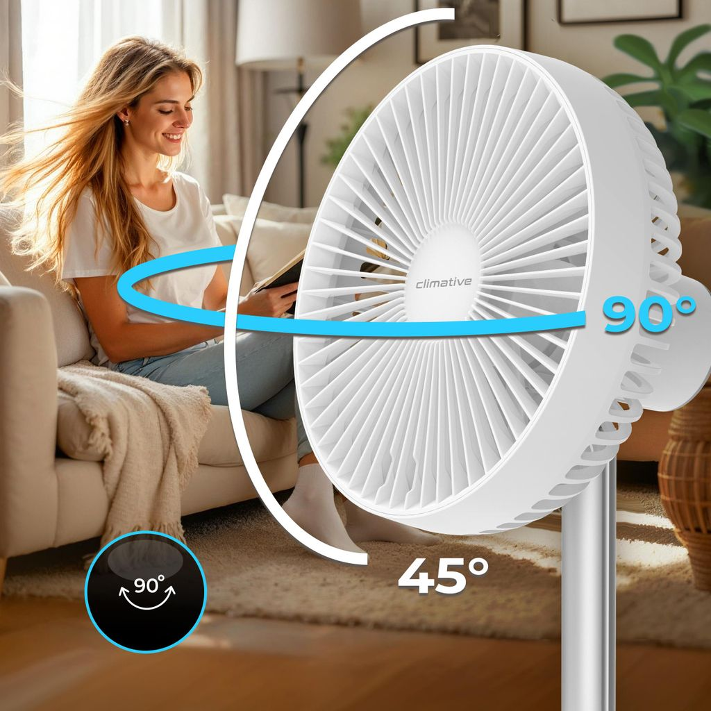 Eine Frau sitzt auf einem Sofa, während ein Ventilator schwenkt. 90 Grad.