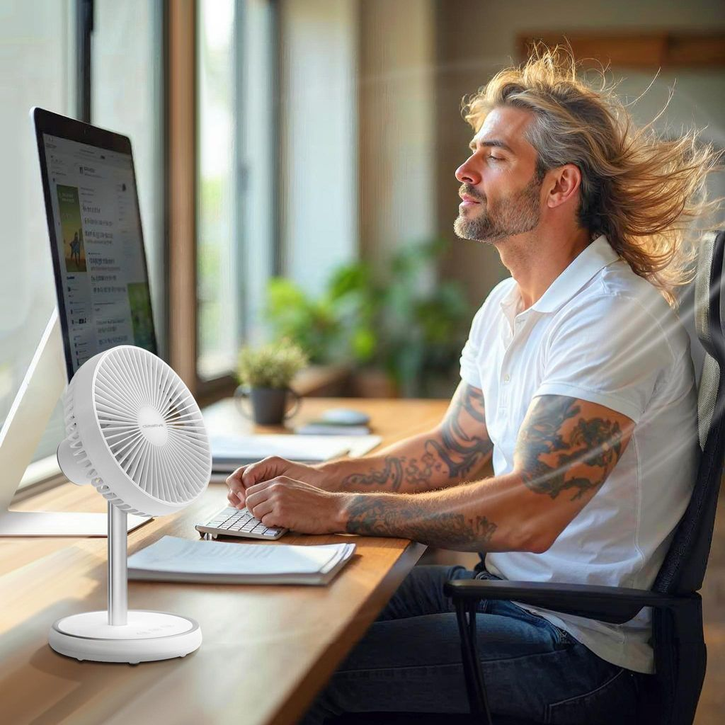 Mann sitzt am Schreibtisch, ein Ventilator weht sein Haar.