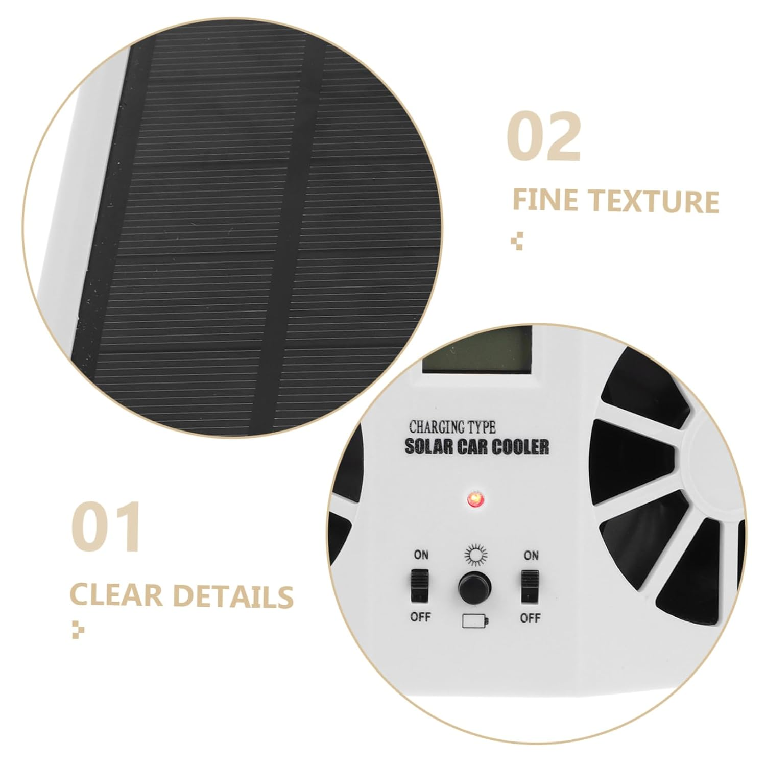 Ein weißer Solar-Autokühler mit Lüfter, Schaltern und Solarpanel im Detail.