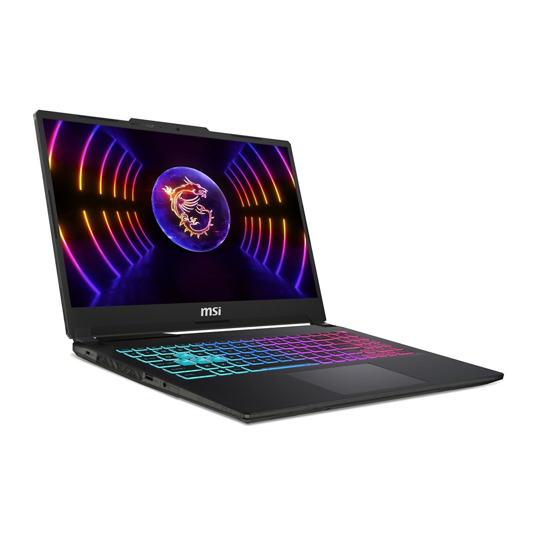 Un laptop da gioco MSI nero con logo drago e tastiera RGB è aperto.