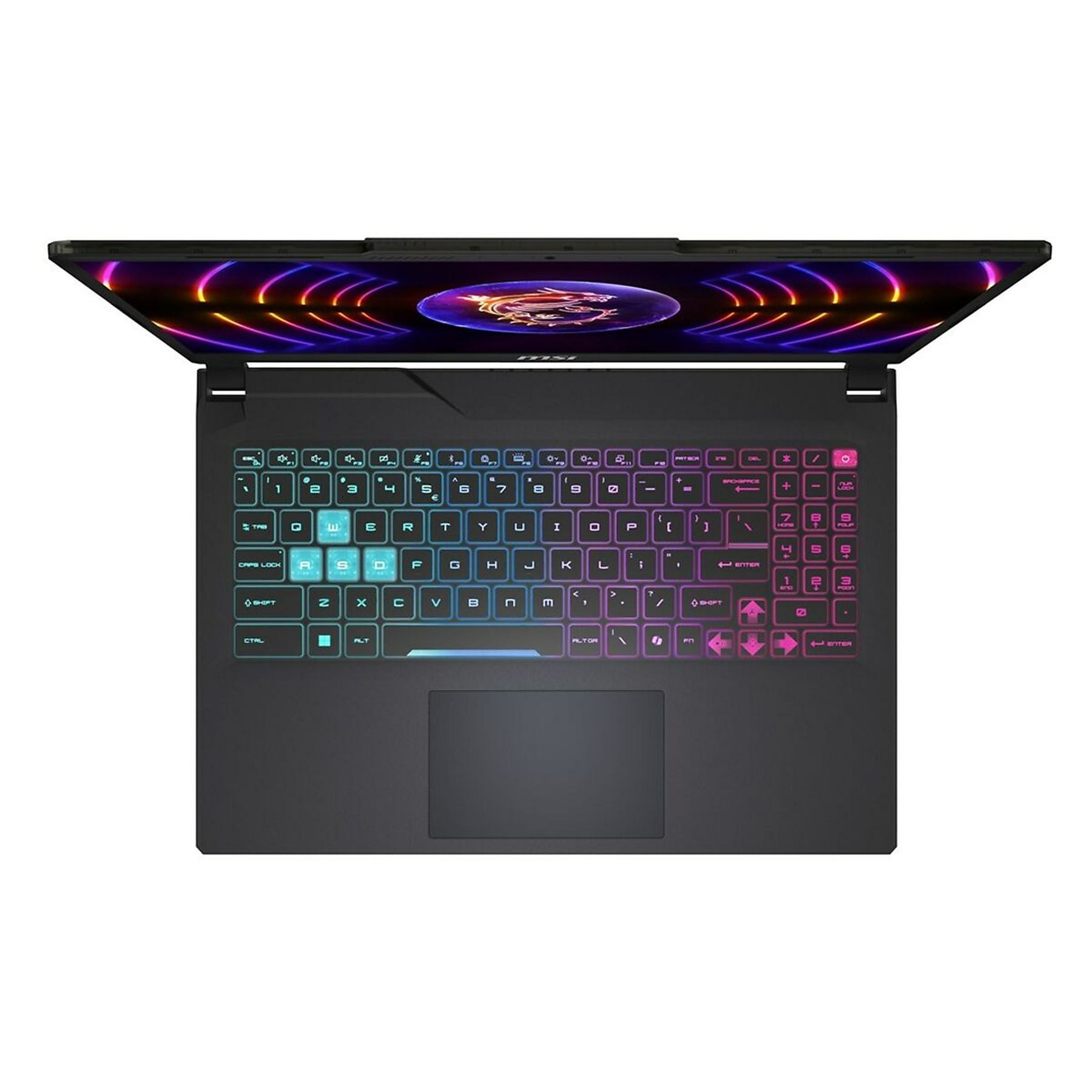 Un laptop aperto con tastiera retroilluminata e logo drago sullo schermo.