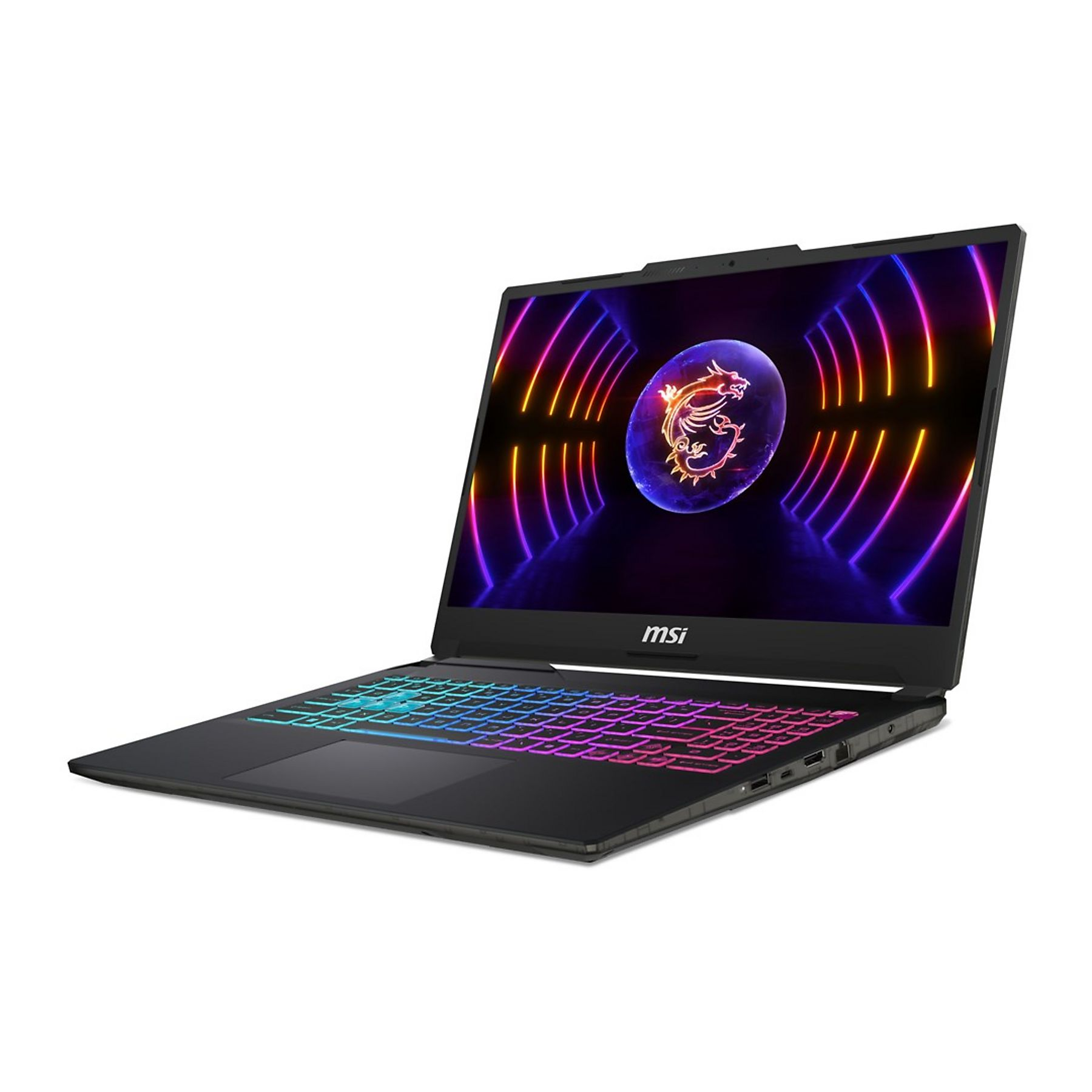 Laptop MSI nero con tastiera illuminata e logo drago sullo schermo.