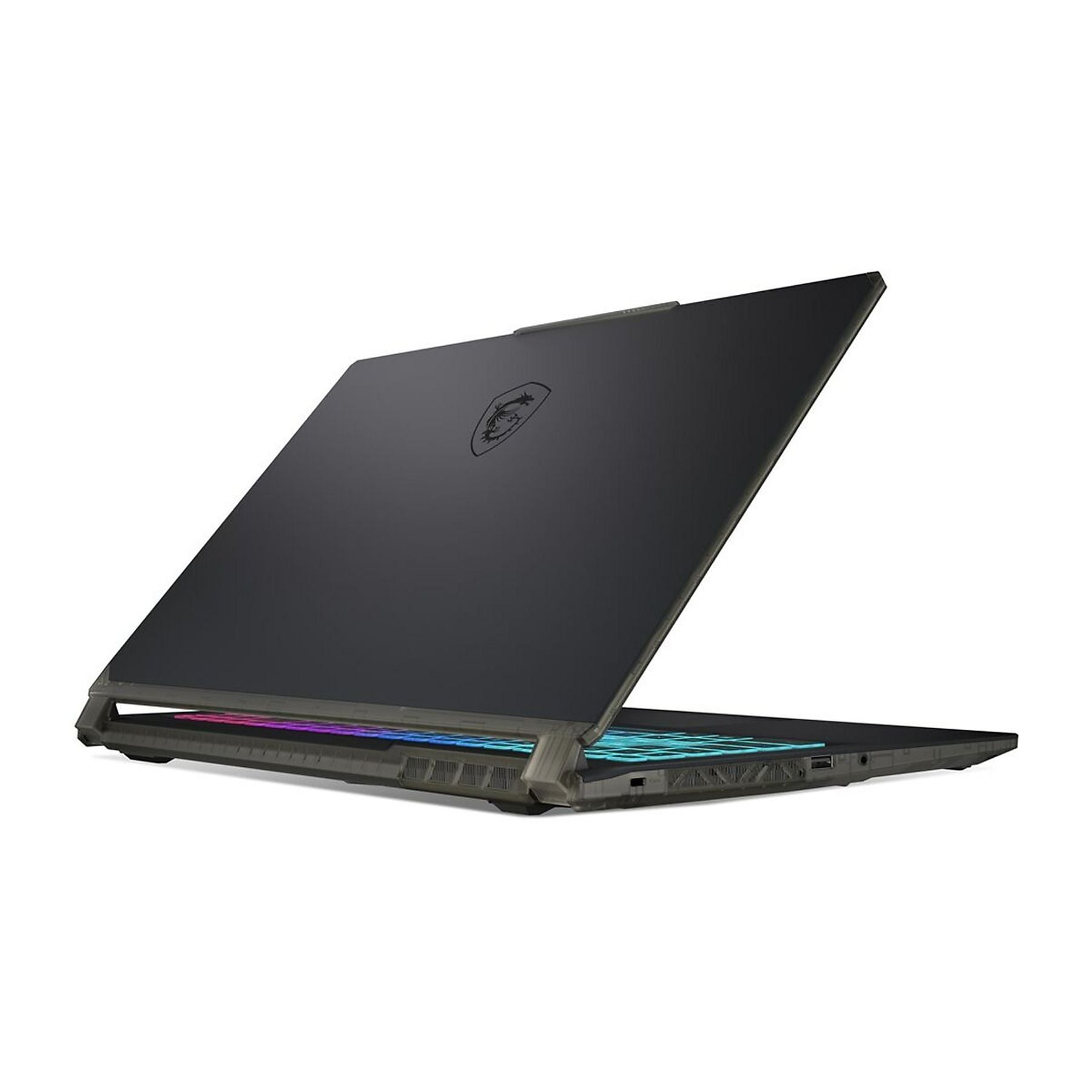 Un laptop nero con tastiera retroilluminata e logo MSI sul coperchio.