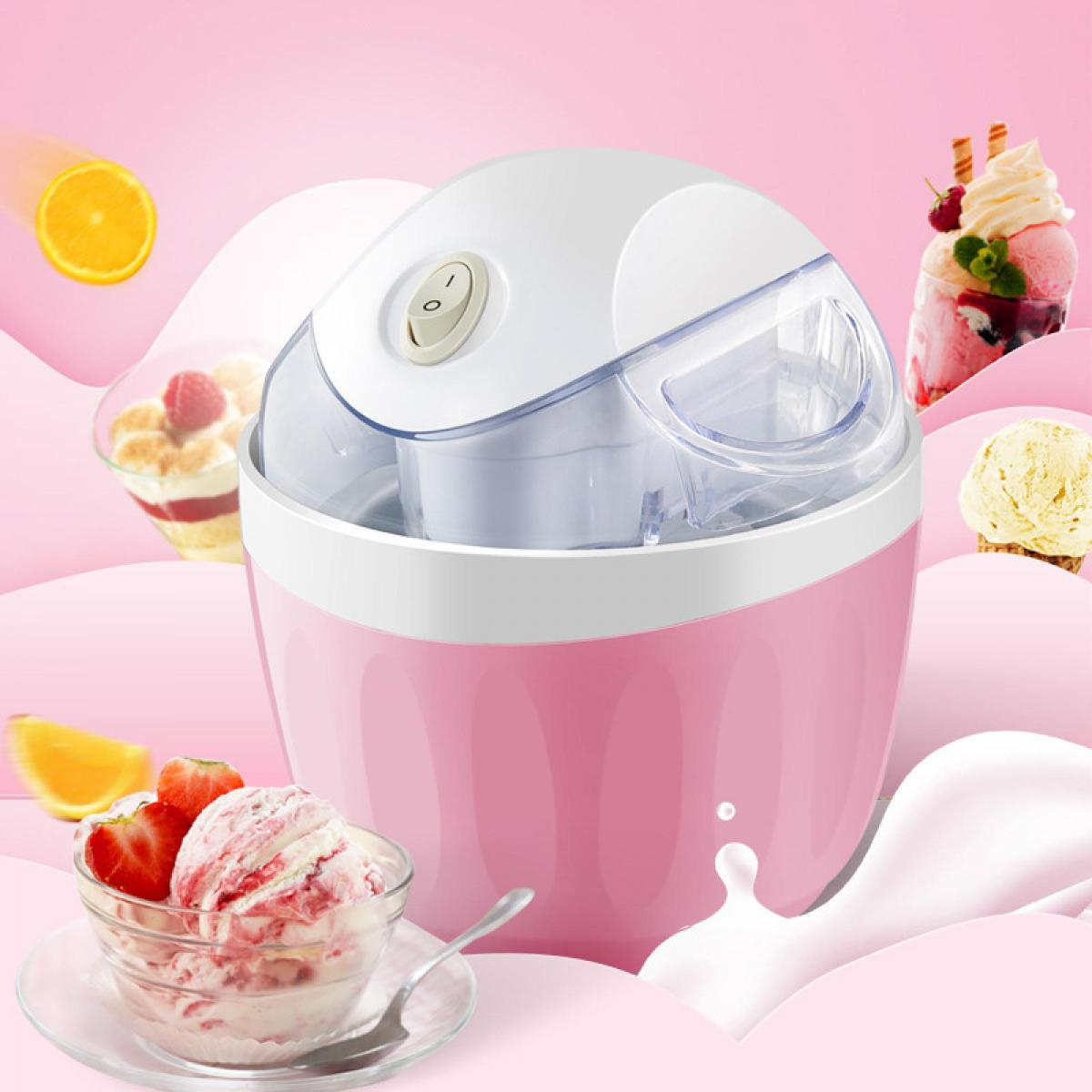 Ein rosa Eismaschine mit Eisbechern, Orangen- und Erdbeerscheiben.